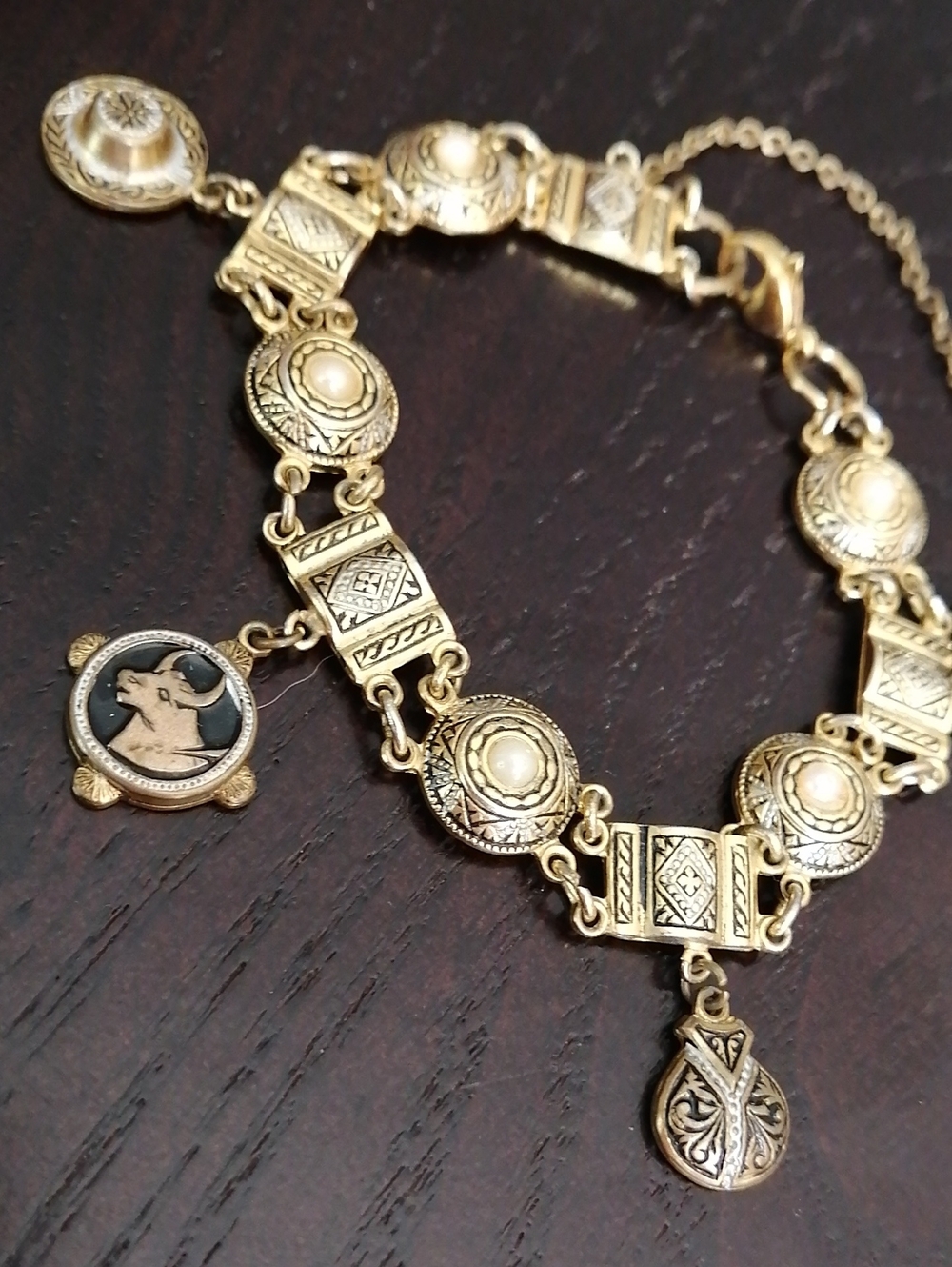 Damascene Spanish Toledo Style Vintage Bracelet With Charms 7.25" Long,7 Mm Wide